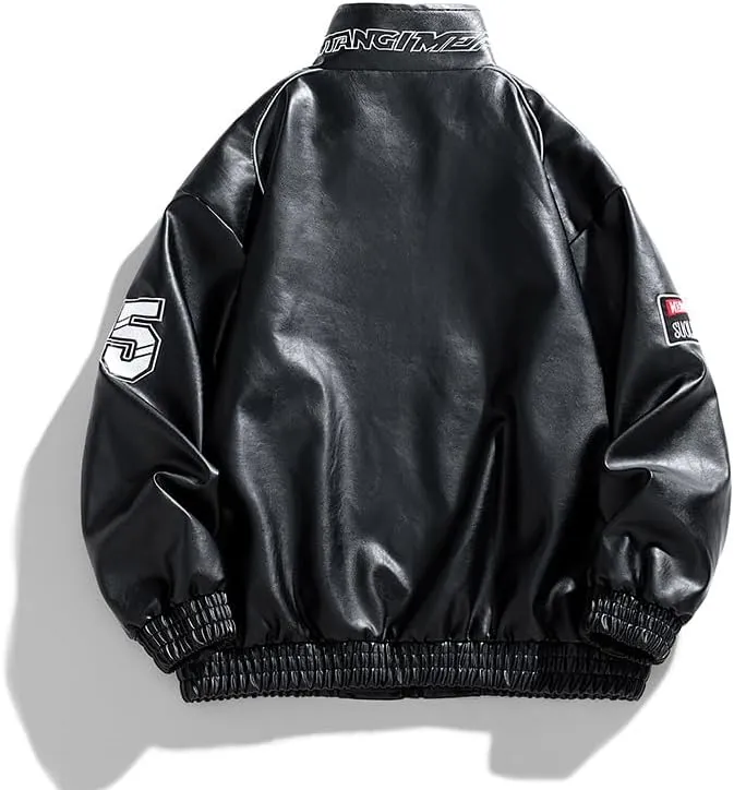 Men's Faux Leather Jacket Oversized Varsity Jacket Zipper Closure Casual Jacket Unisex Motorcycle Jacket