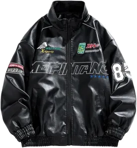 Men's Faux Leather Jacket Oversized Varsity Jacket Zipper Closure Casual Jacket Unisex Motorcycle Jacket