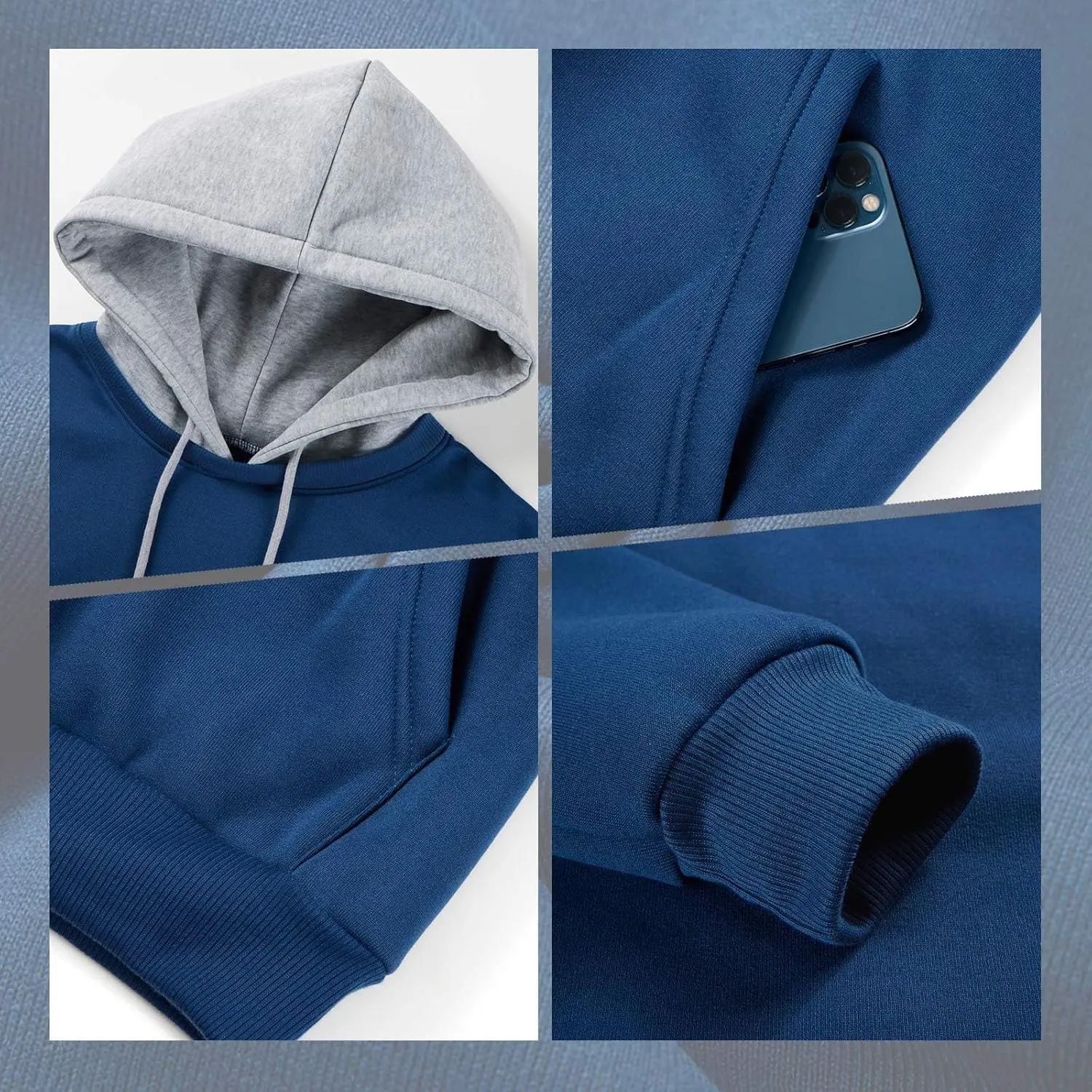 Mens Hoodies Pullover Color Block Fleece Long Sleeve Sweatshirt Tops with Pocket