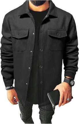 Men's Jacket Long Sleeve Button Down Jackets Open Front Cardigan Overcoat Lightweight Casual Coat with Flap Pockets
