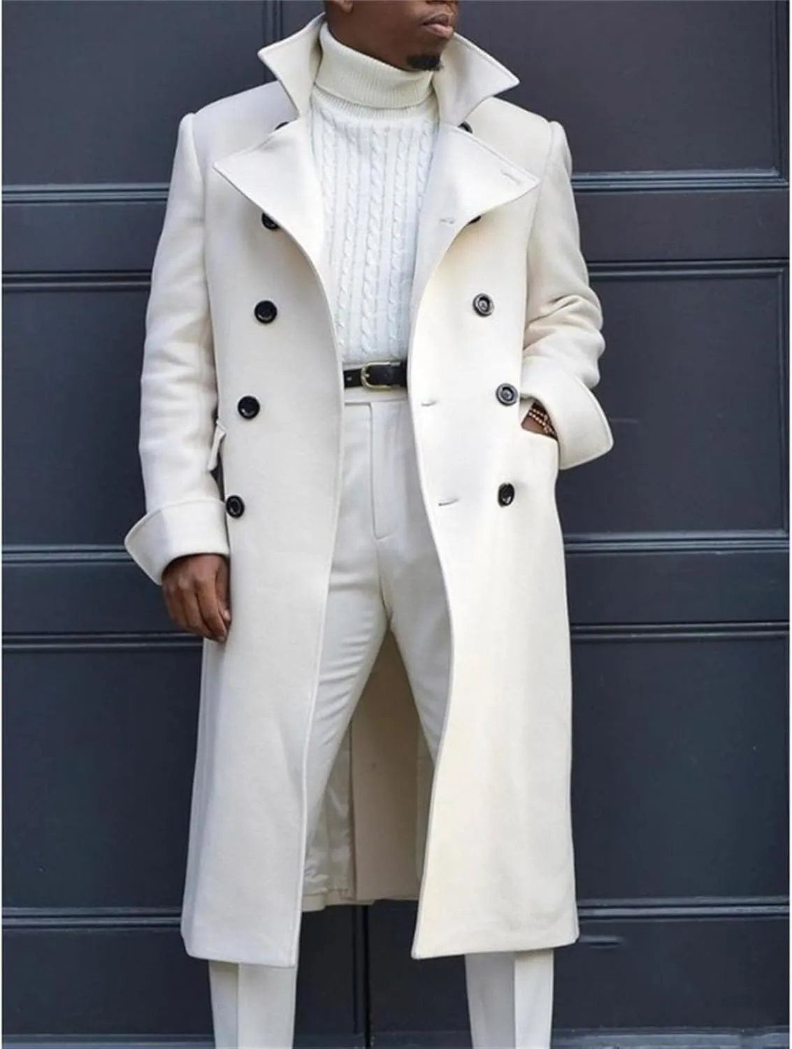 Mens Wool Blend Coat Notch Lapel Double Breasted Long Trench Coat Button Down Overcoat Winter Jacket Business Casual