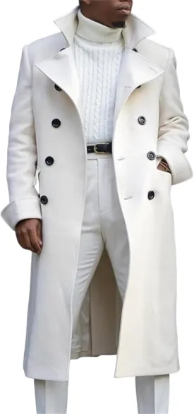 Mens Wool Blend Coat Notch Lapel Double Breasted Long Trench Coat Button Down Overcoat Winter Jacket Business Casual