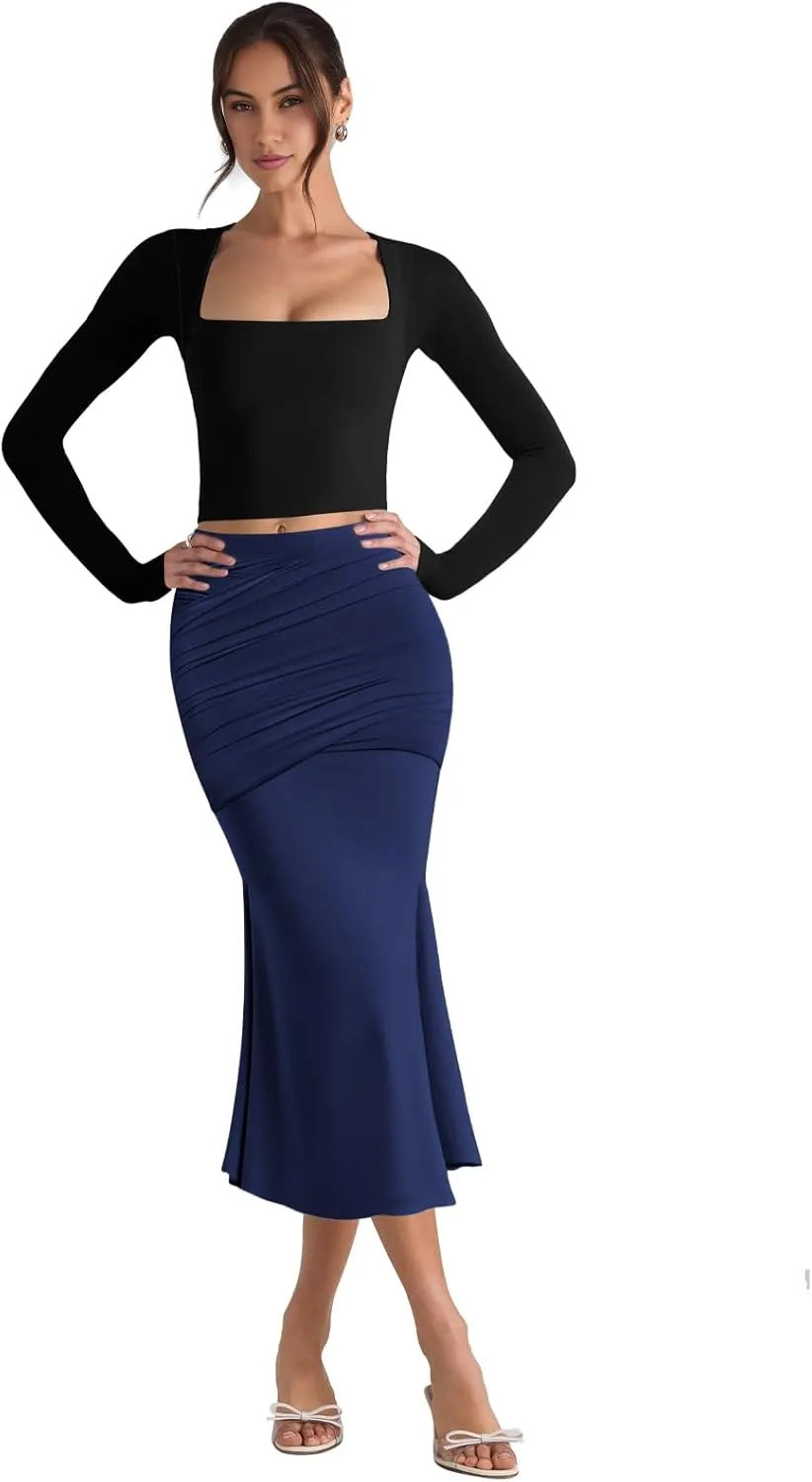 Pasgreson Women's Fishtail Midi Skirts High Waist Mermaid Bodycon Skirts Stretch Work Business Pencil Skirt