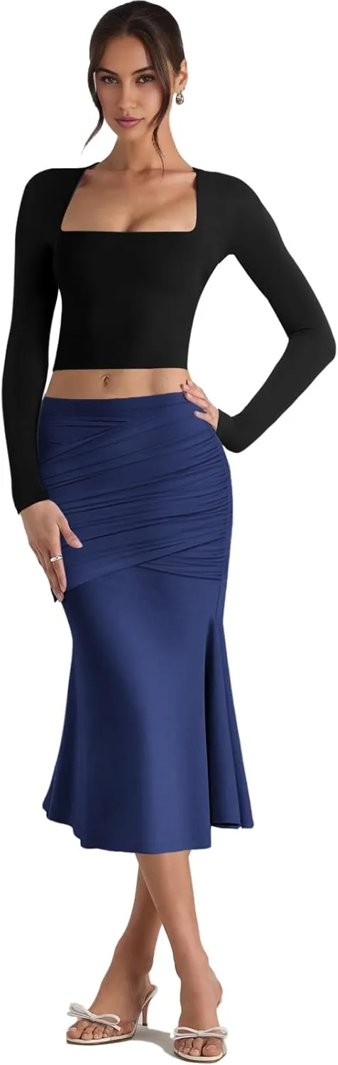 Pasgreson Women's Fishtail Midi Skirts High Waist Mermaid Bodycon Skirts Stretch Work Business Pencil Skirt