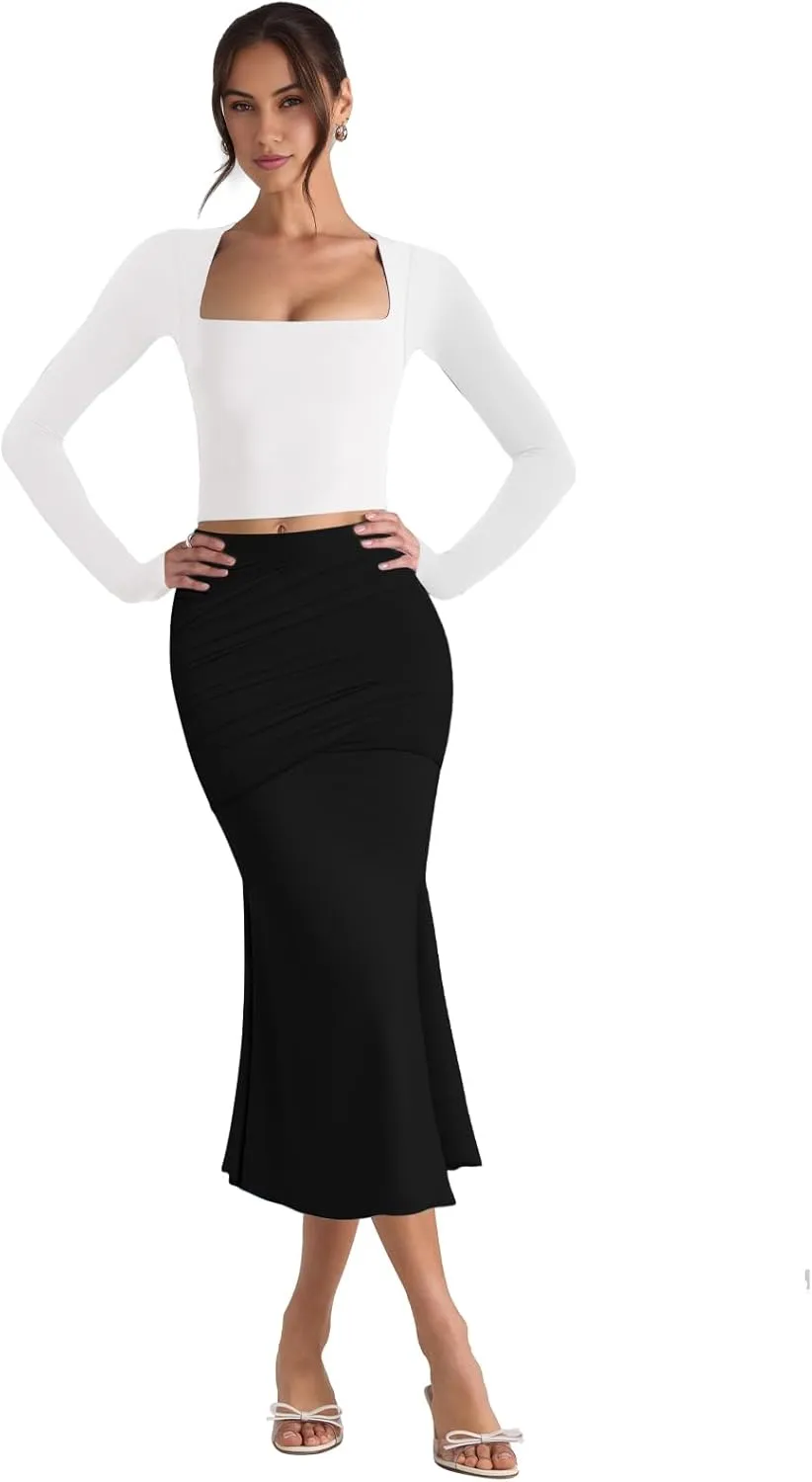 Pasgreson Women's Fishtail Midi Skirts High Waist Mermaid Bodycon Skirts Stretch Work Business Pencil Skirt