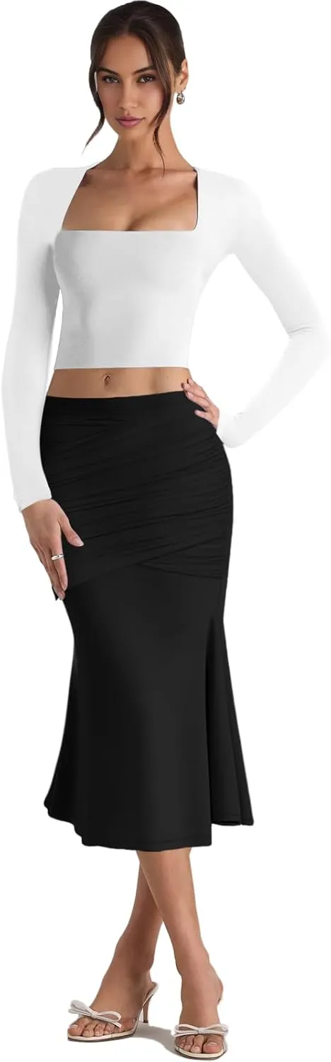 Pasgreson Women's Fishtail Midi Skirts High Waist Mermaid Bodycon Skirts Stretch Work Business Pencil Skirt
