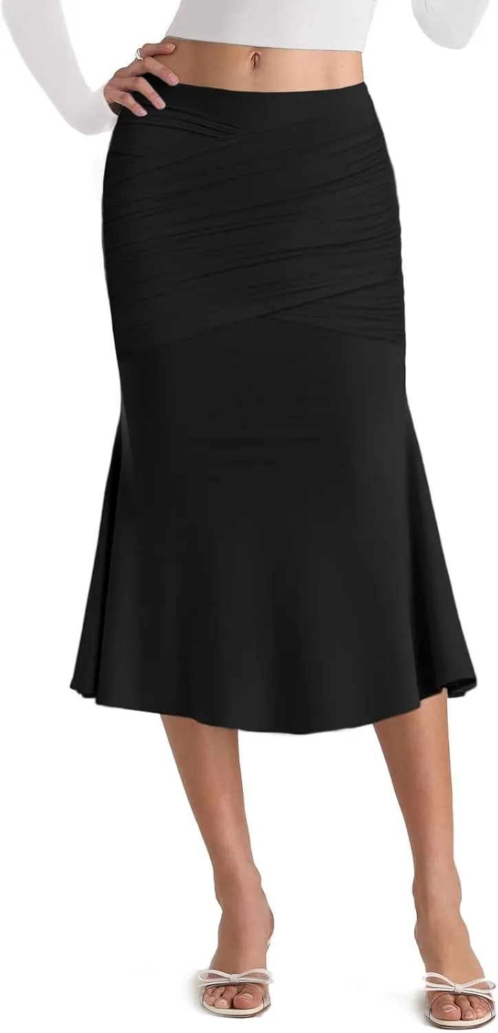 Pasgreson Women's Fishtail Midi Skirts High Waist Mermaid Bodycon Skirts Stretch Work Business Pencil Skirt