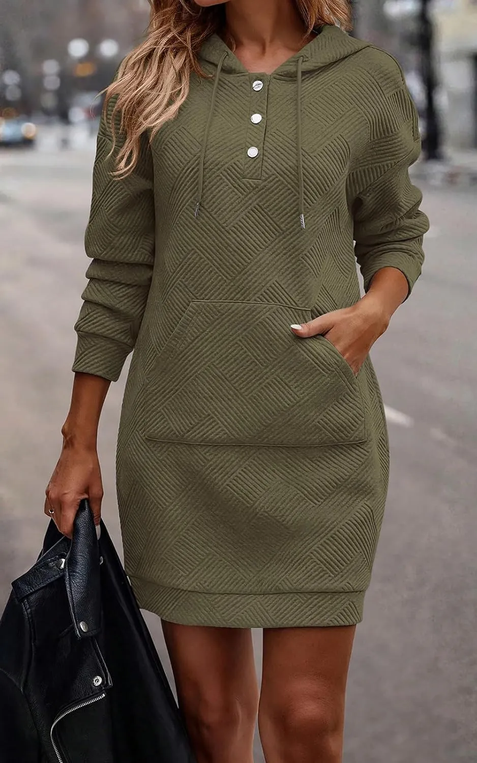 PRETTYGARDEN Long Sleeve Hoodies Dress 2024 Fall Trendy Texture Sweatshirts Outfits Button Hooded Winter Dresses with Pockets