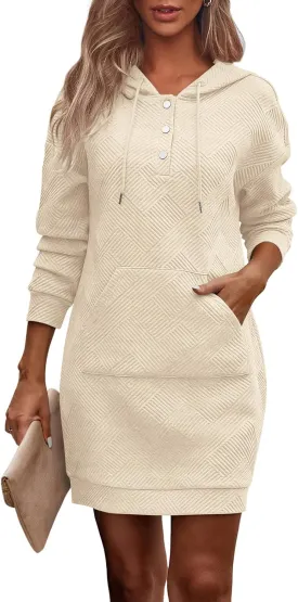 PRETTYGARDEN Long Sleeve Hoodies Dress 2024 Fall Trendy Texture Sweatshirts Outfits Button Hooded Winter Dresses with Pockets