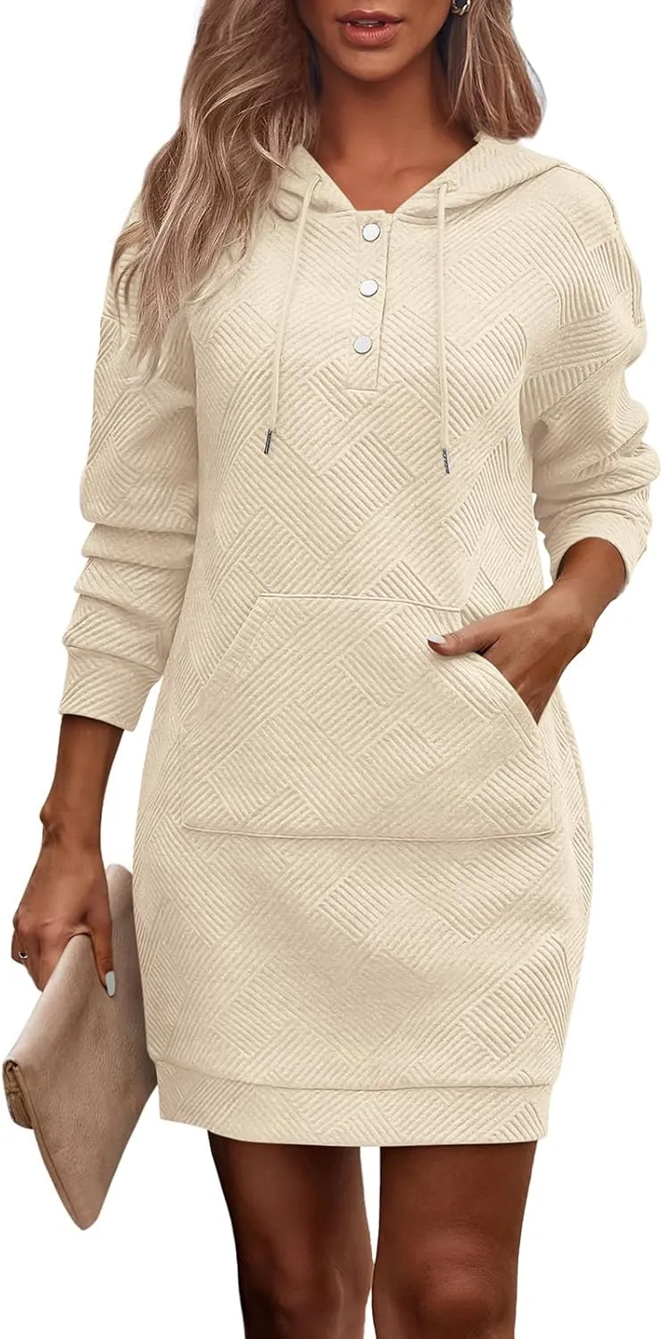 PRETTYGARDEN Long Sleeve Hoodies Dress 2024 Fall Trendy Texture Sweatshirts Outfits Button Hooded Winter Dresses with Pockets