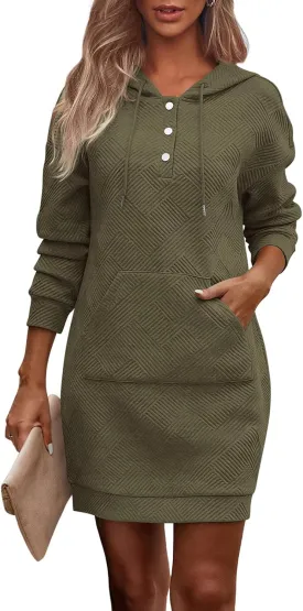 PRETTYGARDEN Long Sleeve Hoodies Dress 2024 Fall Trendy Texture Sweatshirts Outfits Button Hooded Winter Dresses with Pockets