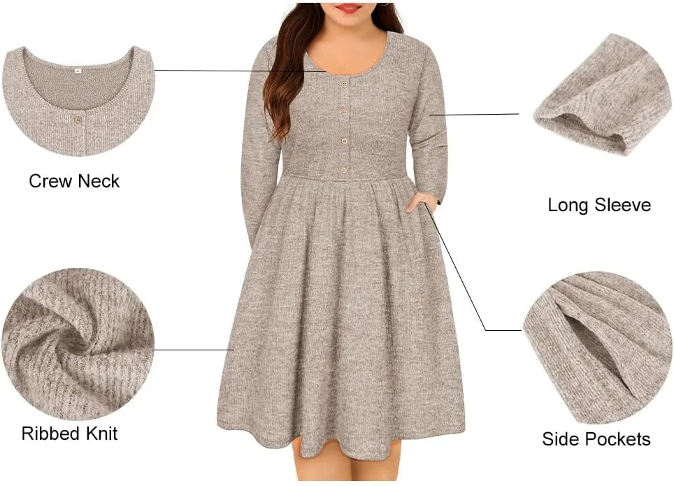 RITERA Plus Size Dresses Long Sleeve Rib Knit Dress High Waisted Womens Fall Winter Solid Color Casual Dress XL-5XL