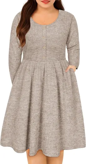 RITERA Plus Size Dresses Long Sleeve Rib Knit Dress High Waisted Womens Fall Winter Solid Color Casual Dress XL-5XL
