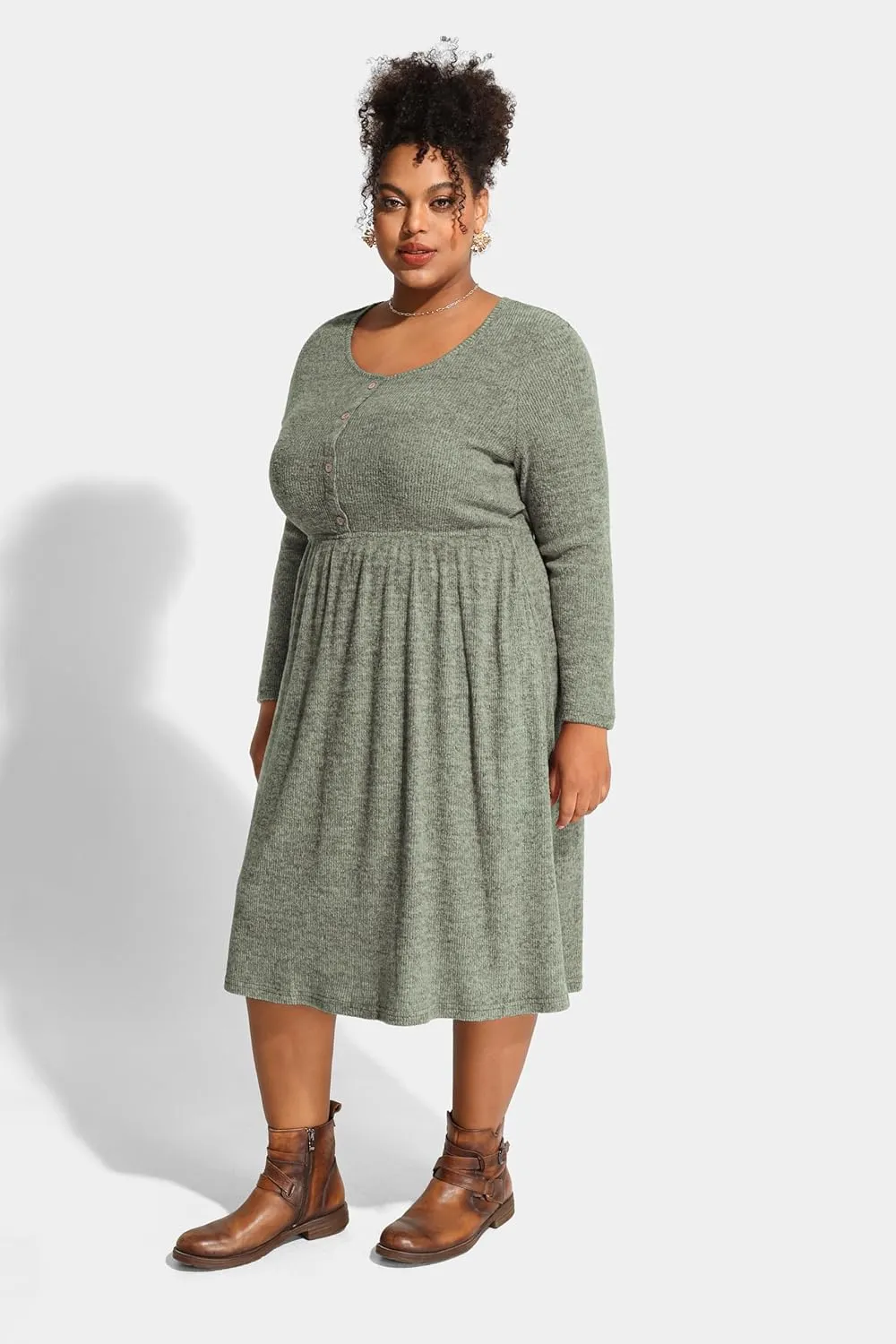 RITERA Plus Size Dresses Long Sleeve Rib Knit Dress High Waisted Womens Fall Winter Solid Color Casual Dress XL-5XL