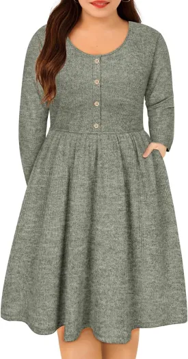 RITERA Plus Size Dresses Long Sleeve Rib Knit Dress High Waisted Womens Fall Winter Solid Color Casual Dress XL-5XL