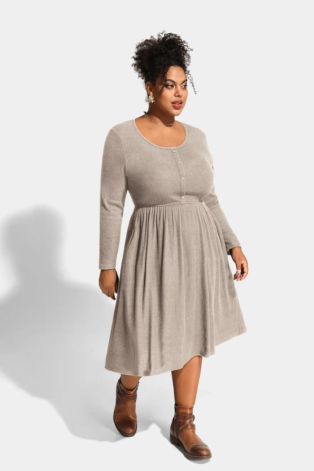 RITERA Plus Size Dresses Long Sleeve Rib Knit Dress High Waisted Womens Fall Winter Solid Color Casual Dress XL-5XL