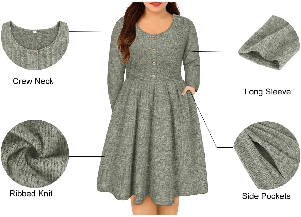 RITERA Plus Size Dresses Long Sleeve Rib Knit Dress High Waisted Womens Fall Winter Solid Color Casual Dress XL-5XL