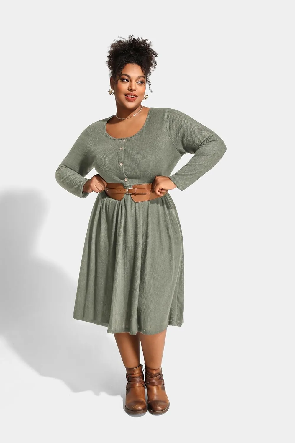 RITERA Plus Size Dresses Long Sleeve Rib Knit Dress High Waisted Womens Fall Winter Solid Color Casual Dress XL-5XL