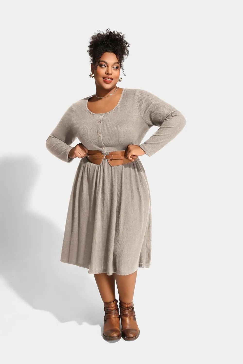 RITERA Plus Size Dresses Long Sleeve Rib Knit Dress High Waisted Womens Fall Winter Solid Color Casual Dress XL-5XL