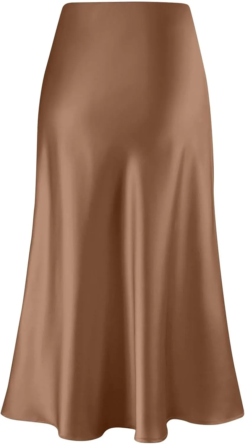 Satin Skirts for Women Summer Casual Flowy Silk High Waisted Modest Flared Ruffle Work Cocktail A Line Midi Skirts