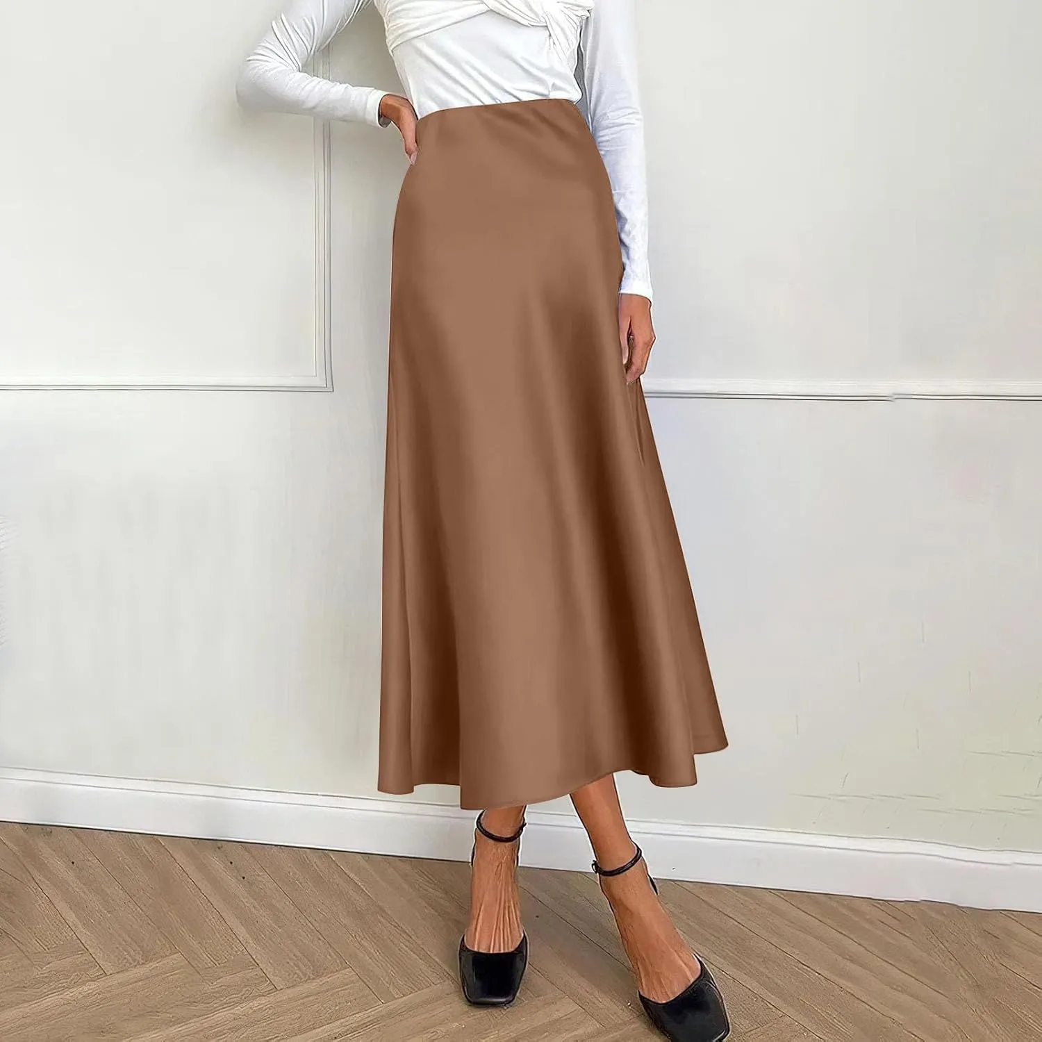 Satin Skirts for Women Summer Casual Flowy Silk High Waisted Modest Flared Ruffle Work Cocktail A Line Midi Skirts