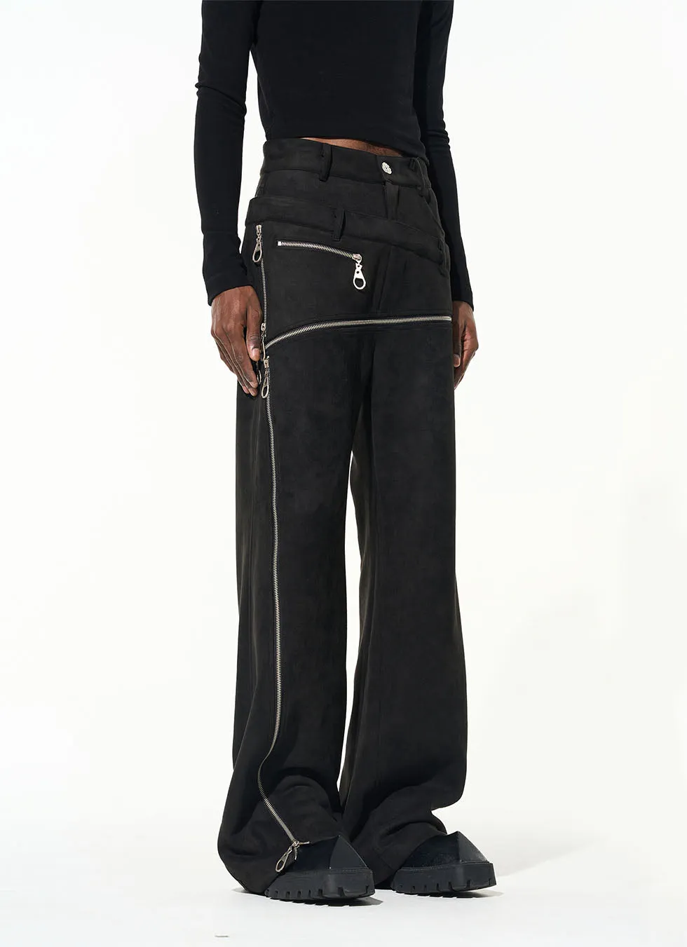 Suede Cut Staggered Double Waist Multi Zipper Casual Pants