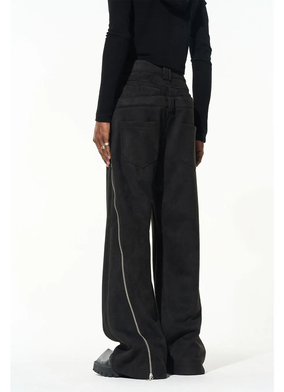 Suede Cut Staggered Double Waist Multi Zipper Casual Pants