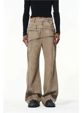Suede Cut Staggered Double Waist Multi Zipper Casual Pants