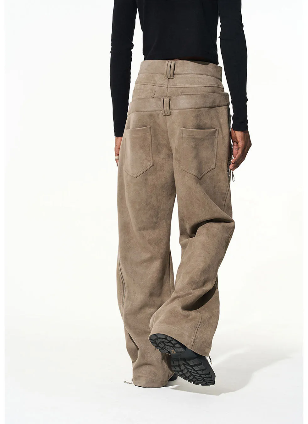 Suede Cut Staggered Double Waist Multi Zipper Casual Pants