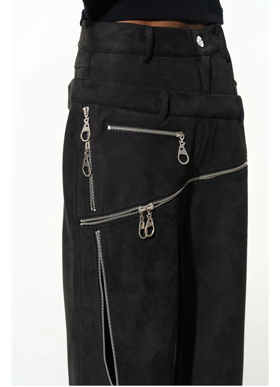 Suede Cut Staggered Double Waist Multi Zipper Casual Pants