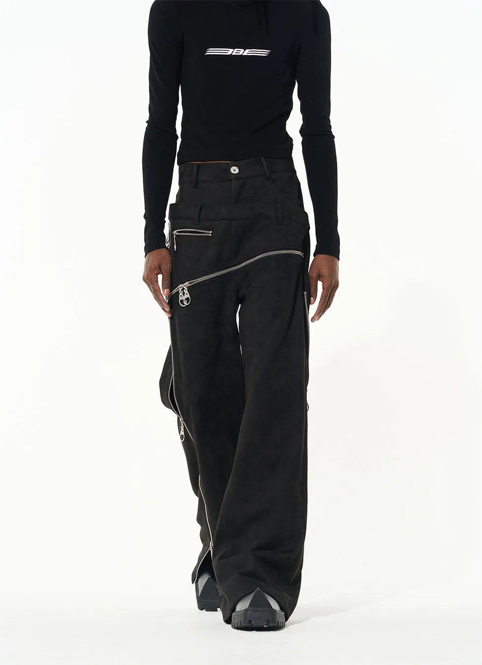 Suede Cut Staggered Double Waist Multi Zipper Casual Pants