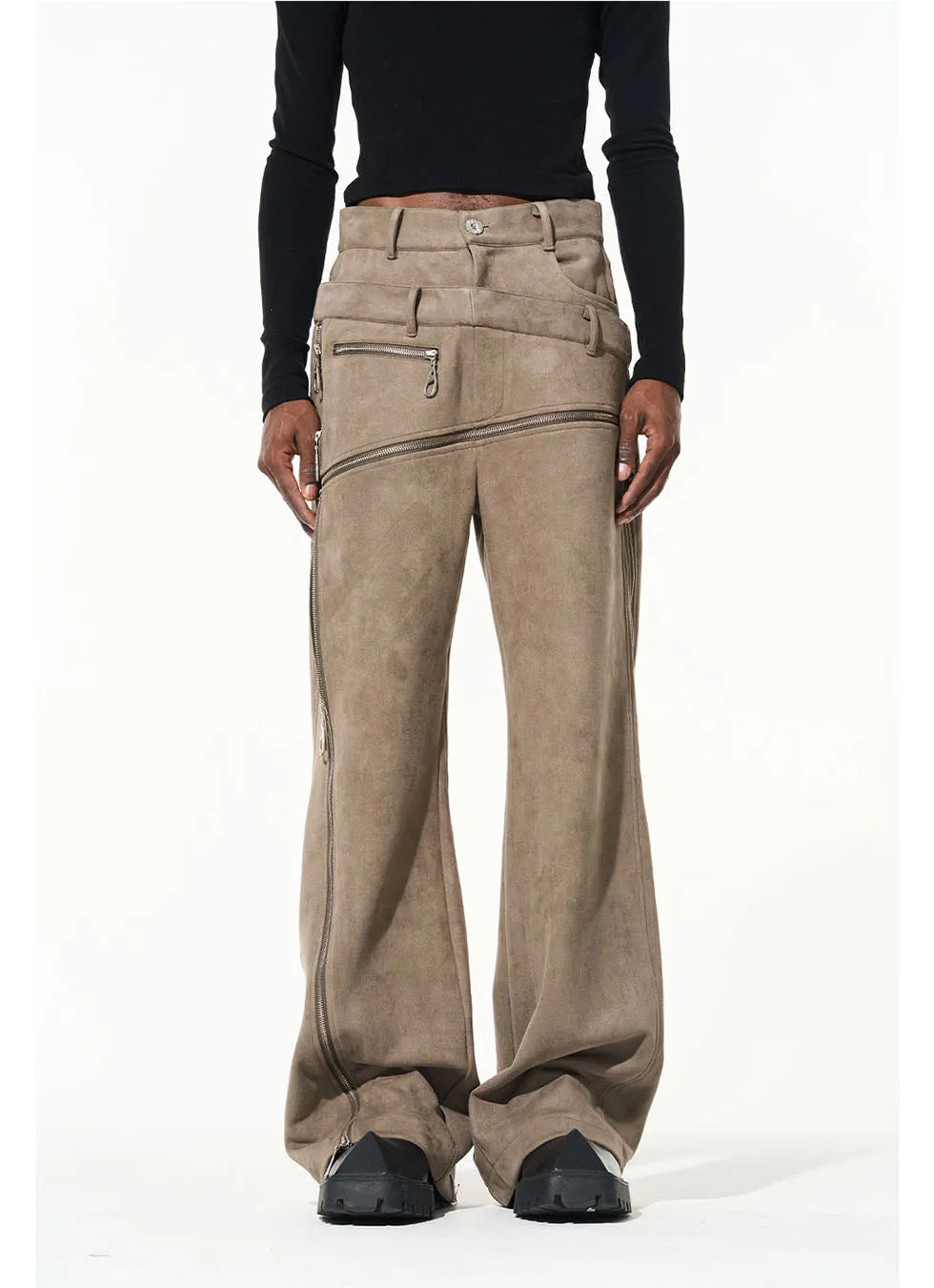 Suede Cut Staggered Double Waist Multi Zipper Casual Pants