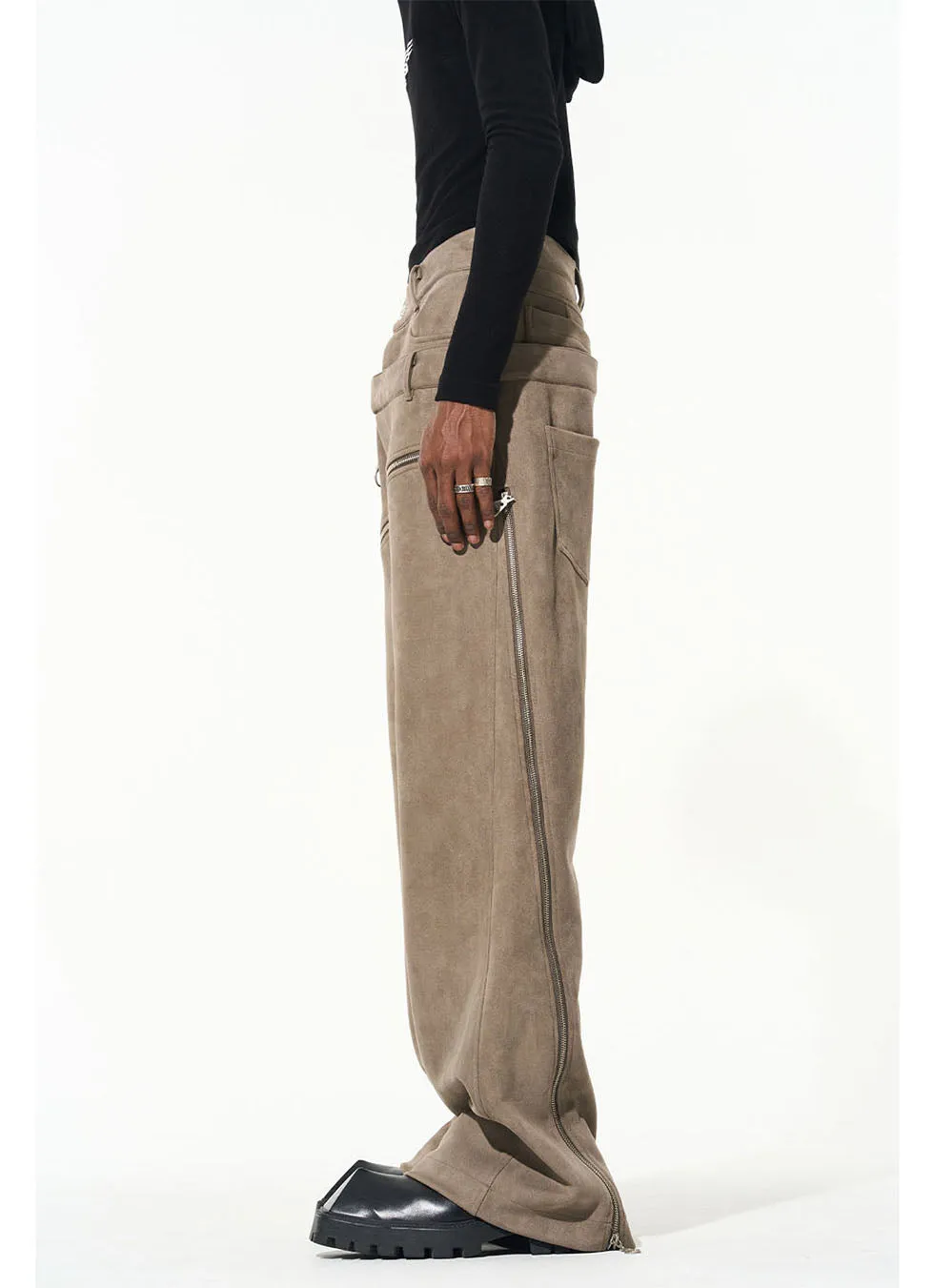 Suede Cut Staggered Double Waist Multi Zipper Casual Pants