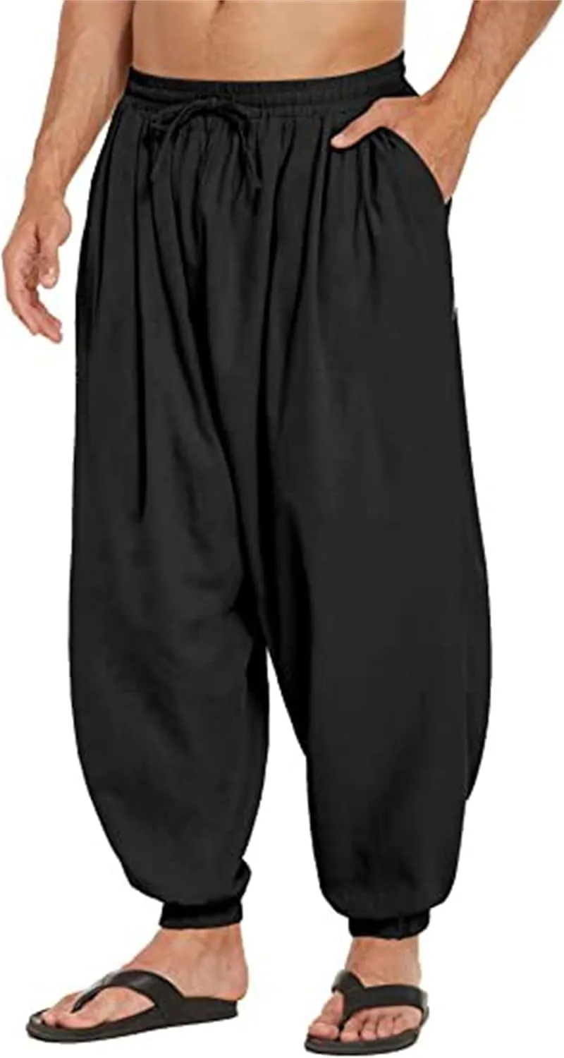 Wankang Men's Cotton Linen Harem Pants Drawstring Casual Bagge Trousers Lightweight Loose Beach Yoga Pants for Men