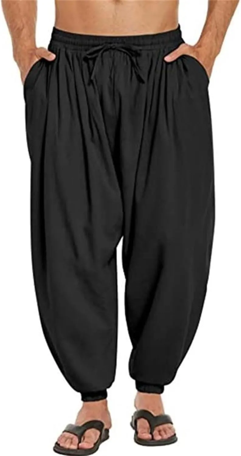 Wankang Men's Cotton Linen Harem Pants Drawstring Casual Bagge Trousers Lightweight Loose Beach Yoga Pants for Men