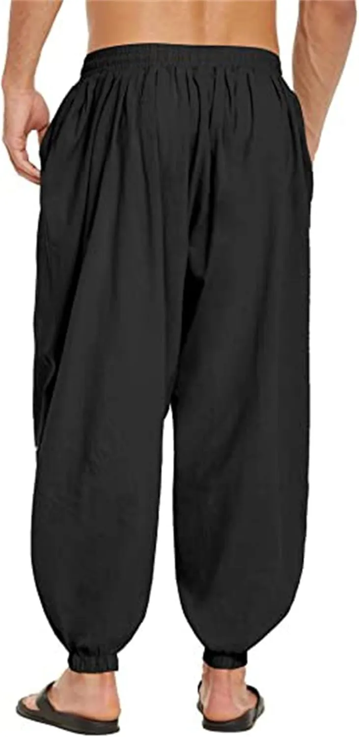 Wankang Men's Cotton Linen Harem Pants Drawstring Casual Bagge Trousers Lightweight Loose Beach Yoga Pants for Men