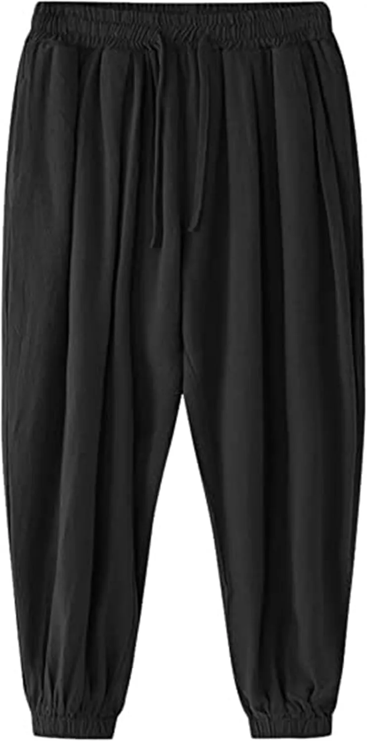 Wankang Men's Cotton Linen Harem Pants Drawstring Casual Bagge Trousers Lightweight Loose Beach Yoga Pants for Men
