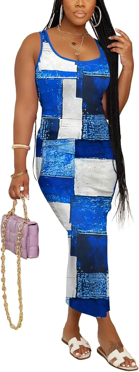 Women Casual Summer Tank Top Dress Ribbed Bodycon Midi Sleeveless Sundress Sundress Basic Slim Fitted Pencil Dresses