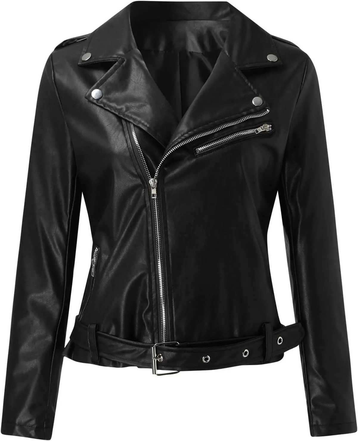Women Faux Leather Blazer Jackets Zip Lapel Short Motorcycle Bike Coat Belted Hem Fashion Plus Size Pleather Jacket
