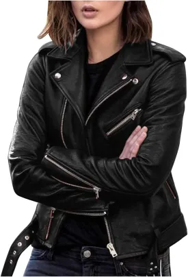 Women Faux Leather Blazer Jackets Zip Lapel Short Motorcycle Bike Coat Belted Hem Fashion Plus Size Pleather Jacket
