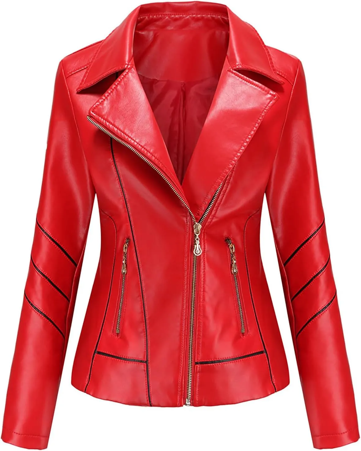Women Faux Leather Bomber Jackets Full Zip Lapel Vintage Casual Moto Crop Coat Loose Long Sleeve Outerwear with Pockets