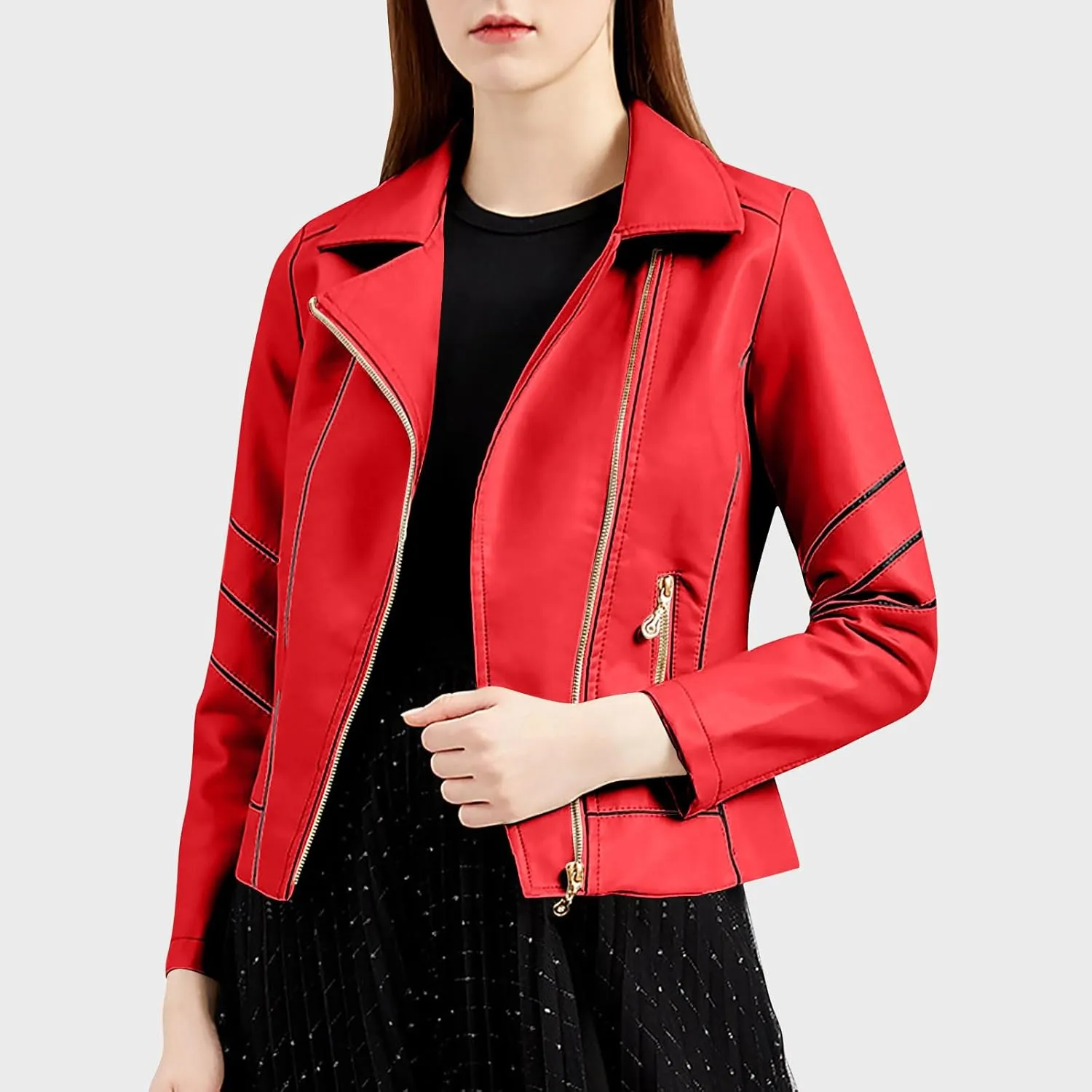 Women Faux Leather Bomber Jackets Full Zip Lapel Vintage Casual Moto Crop Coat Loose Long Sleeve Outerwear with Pockets