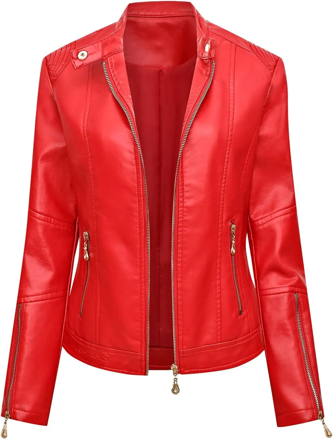 Women Faux Leather Casual Jacket Slim Zipper PU Pleather Jackets Plus Size Long Sleeve Cropped Motorcycle Bike Coat