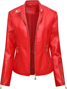 Women Faux Leather Casual Jacket Slim Zipper PU Pleather Jackets Plus Size Long Sleeve Cropped Motorcycle Bike Coat
