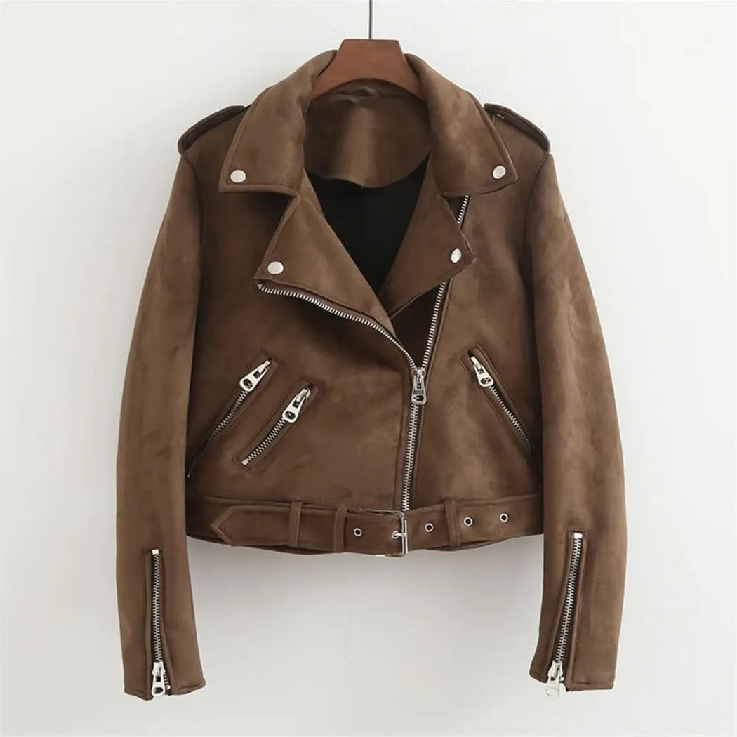 Women Faux Suede Motorcycle Jacket Short Brown Biker Jacket Fashion Slim Asymmetric Zipper PU Leather Jackets