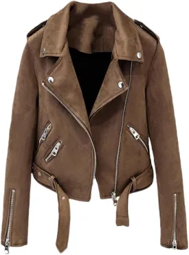 Women Faux Suede Motorcycle Jacket Short Brown Biker Jacket Fashion Slim Asymmetric Zipper PU Leather Jackets