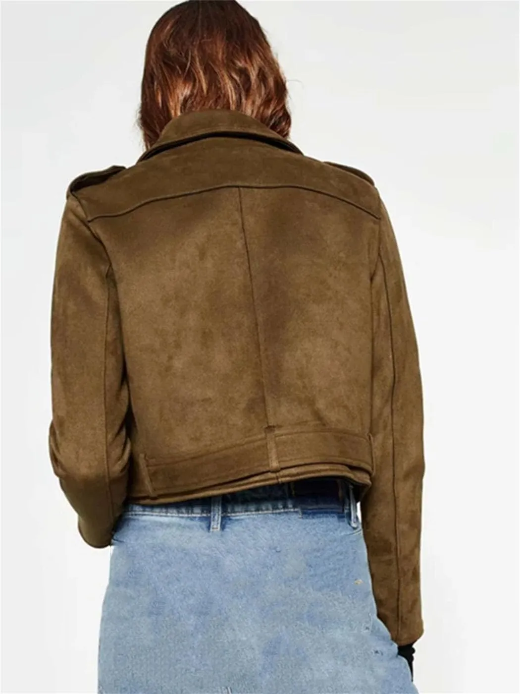 Women Faux Suede Motorcycle Jacket Short Brown Biker Jacket Fashion Slim Asymmetric Zipper PU Leather Jackets