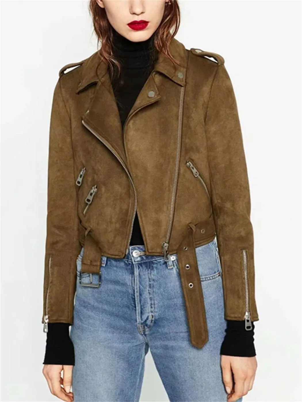 Women Faux Suede Motorcycle Jacket Short Brown Biker Jacket Fashion Slim Asymmetric Zipper PU Leather Jackets