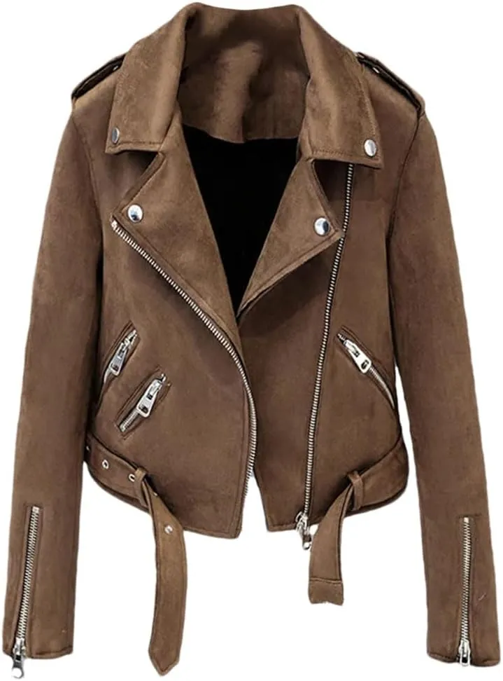 Women Faux Suede Motorcycle Jacket Short Brown Biker Jacket Fashion Slim Asymmetric Zipper PU Leather Jackets