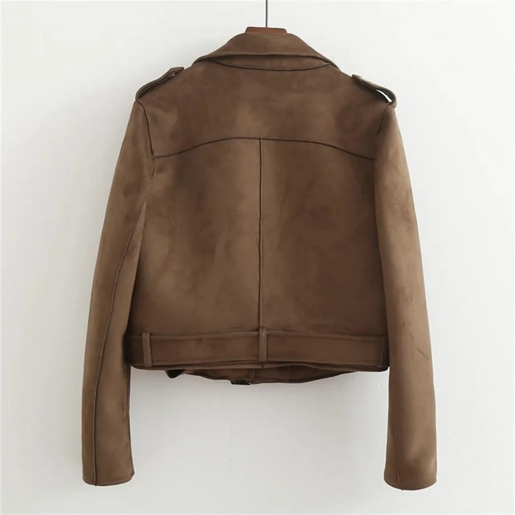 Women Faux Suede Motorcycle Jacket Short Brown Biker Jacket Fashion Slim Asymmetric Zipper PU Leather Jackets